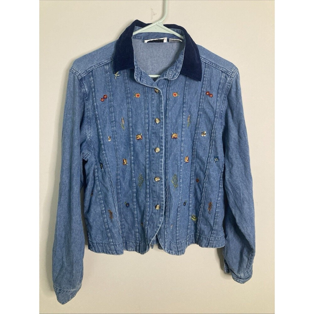 Womens Medium Denim Shirt Fall Autumn Leaves Design Ties in Back Upper Hip Lngth